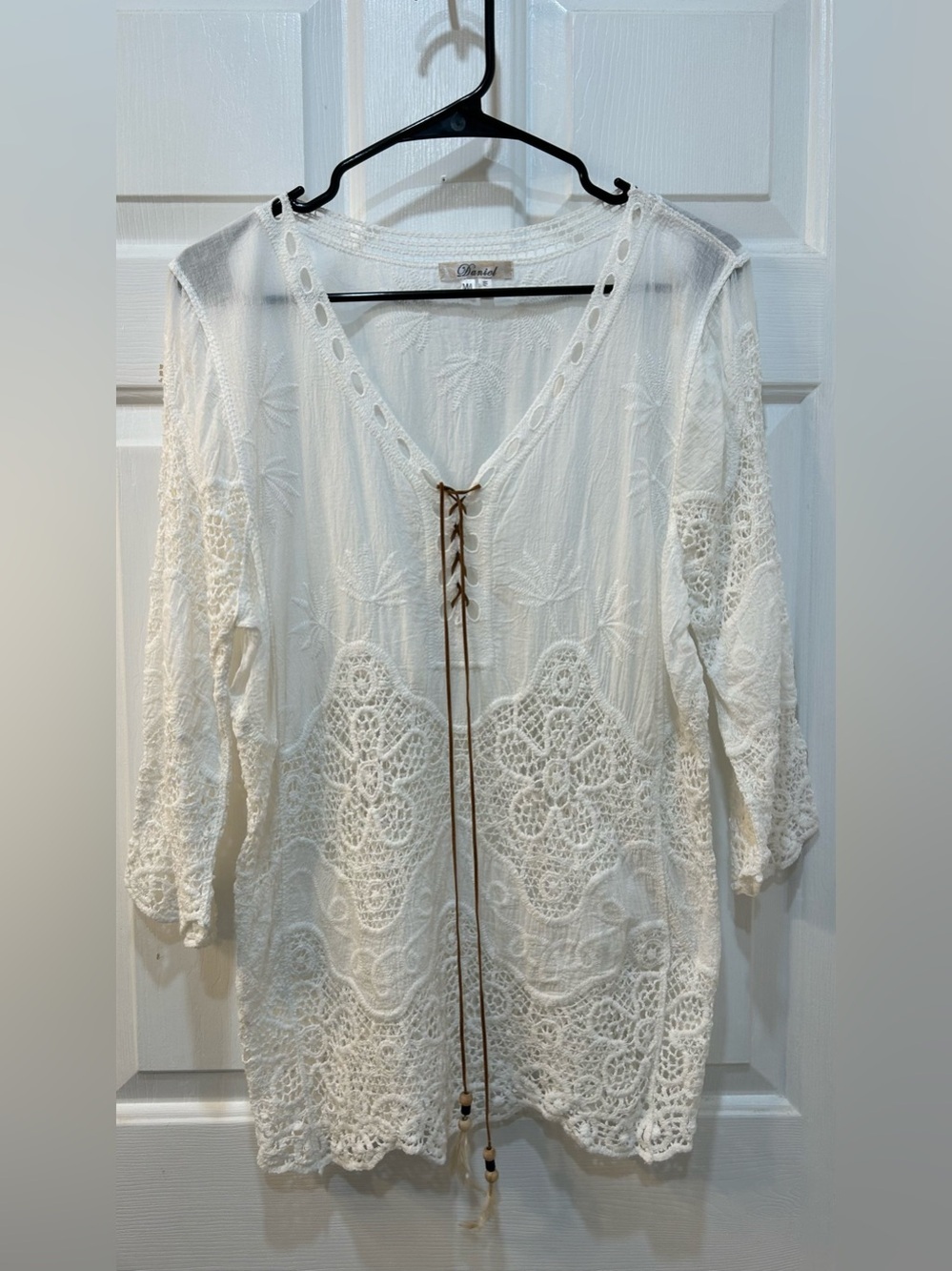 Women's White Lace Up Crochet Tunic Top M Whimsical Boho Western Coastal Fairy